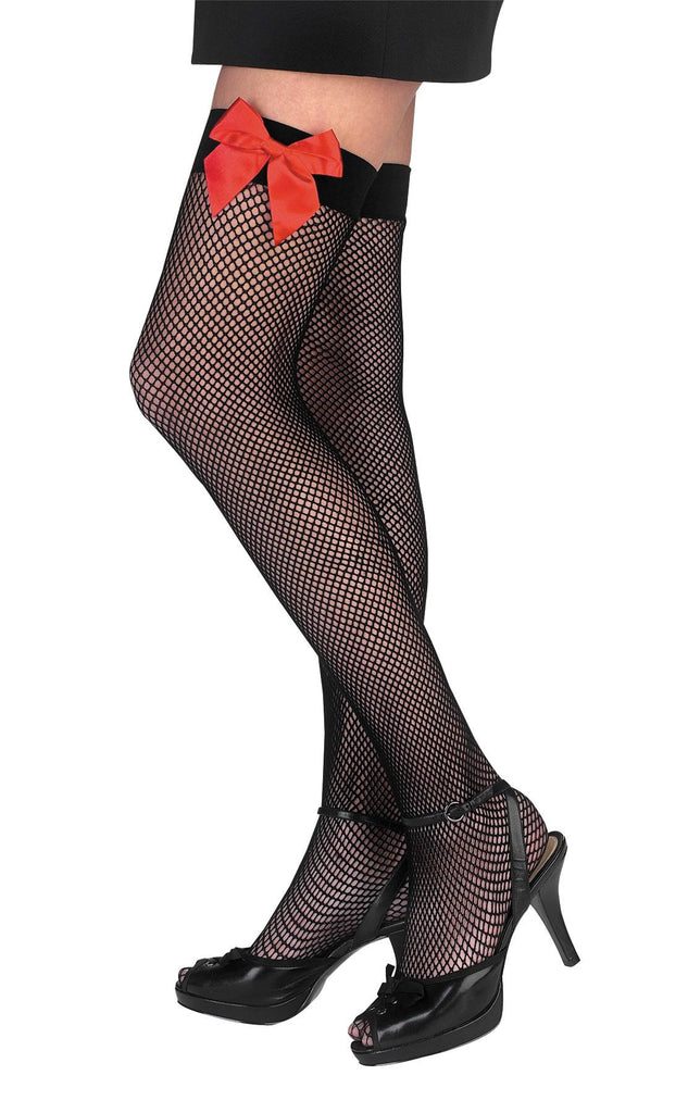 Fishnet Thi Hi Blk W Red Bow